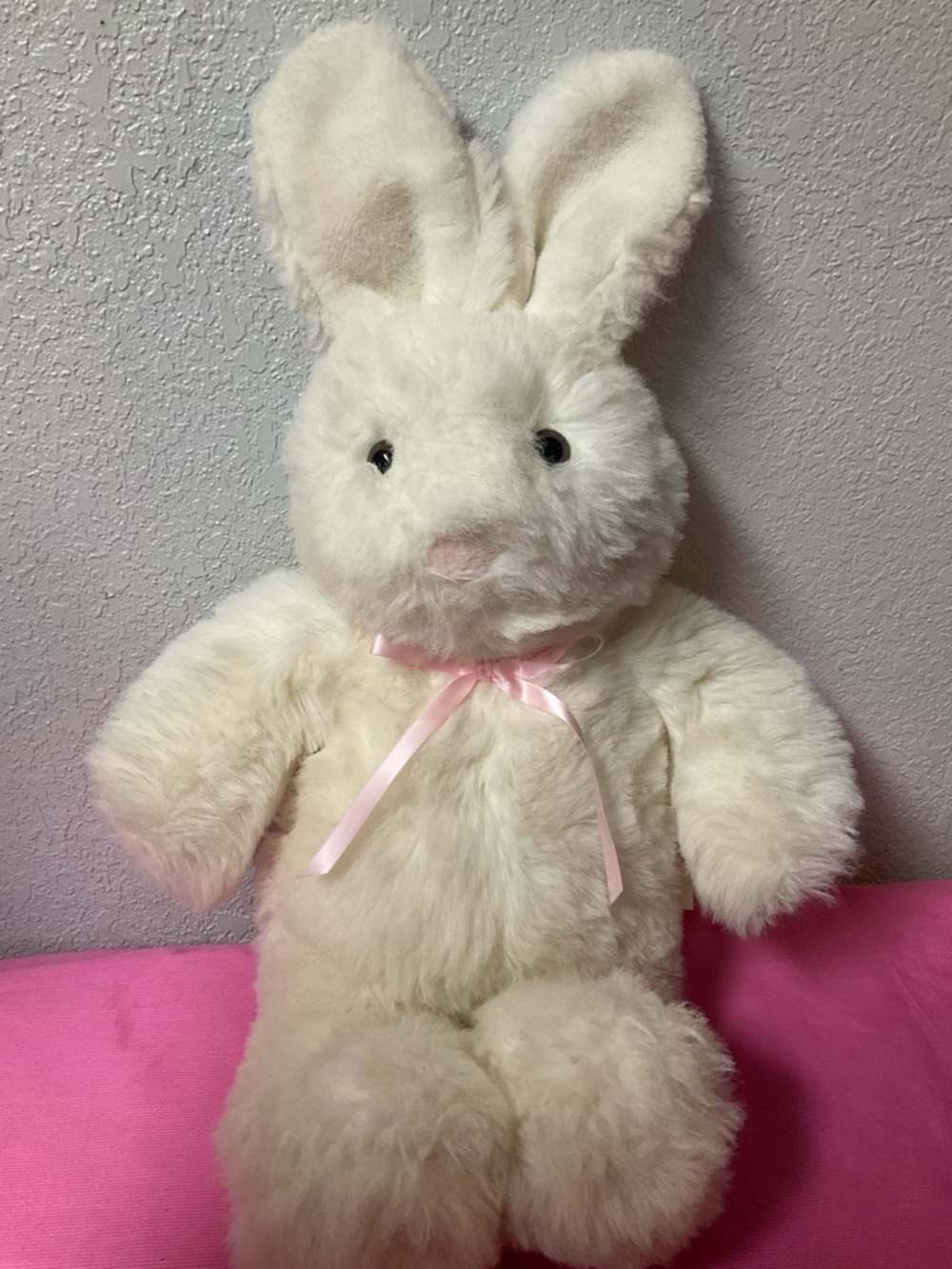 White Plush Bunny Rabbit with Pink Bow Stiffeners in Ears and On Tail-Korea